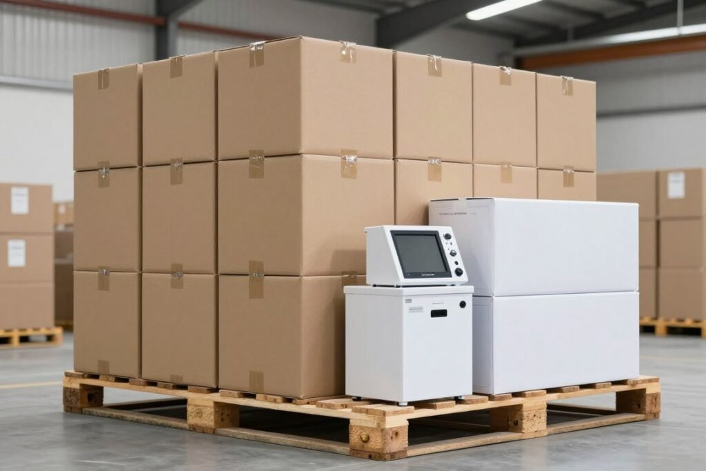 Commercial shipping cartons and packaged optical devices in a regional distribution warehouse Commercial shipping cartons and packaged optical devices in a regional distribution warehouse
